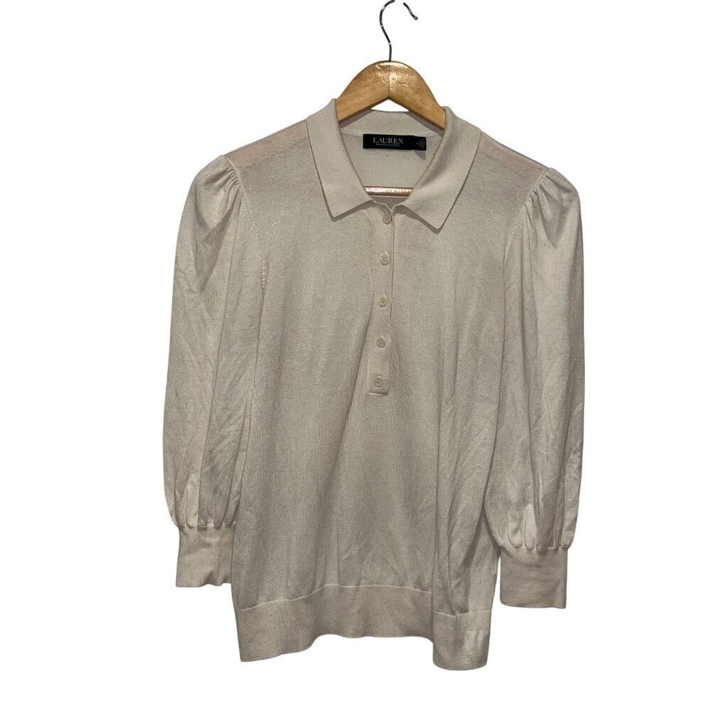 Lauren Ralph Lauren Cream Puff Sleeve Collared Knit Sweater Medium Womens